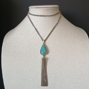 Faux Turquoise Teardrop Tassel Southwestern Style Silvertone Chain Necklace